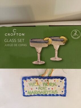 set of 2 Crofton Margarita Glasses and Ceramic Margarita Sign